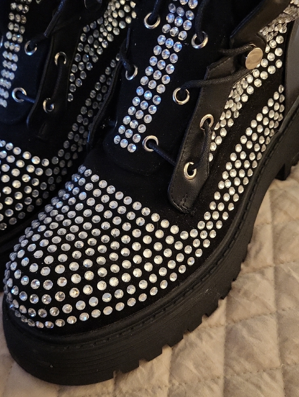 AZALEA WANG Black Rhinestone Combat Boots - Women's Fashion Boots SZ9 - Picture 2 of 12
